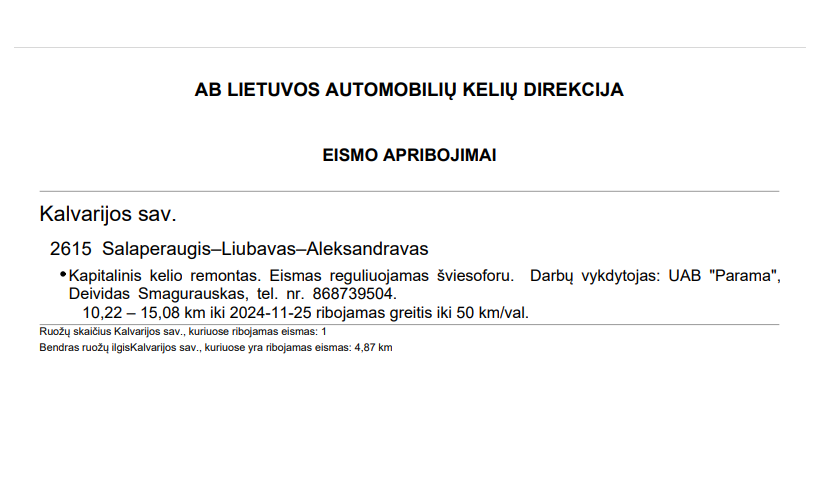 Eismo apribojimai Kalvarijos savivaldybėje