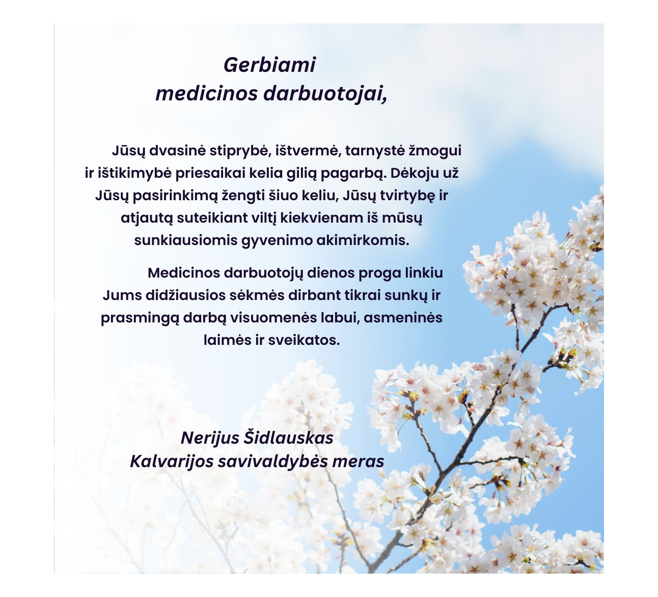 Mero sveikinimas Medicinos darbuotojų dienos proga
