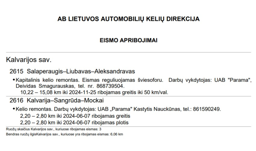 Eismo apribojimai Kalvarijos savivaldybėje