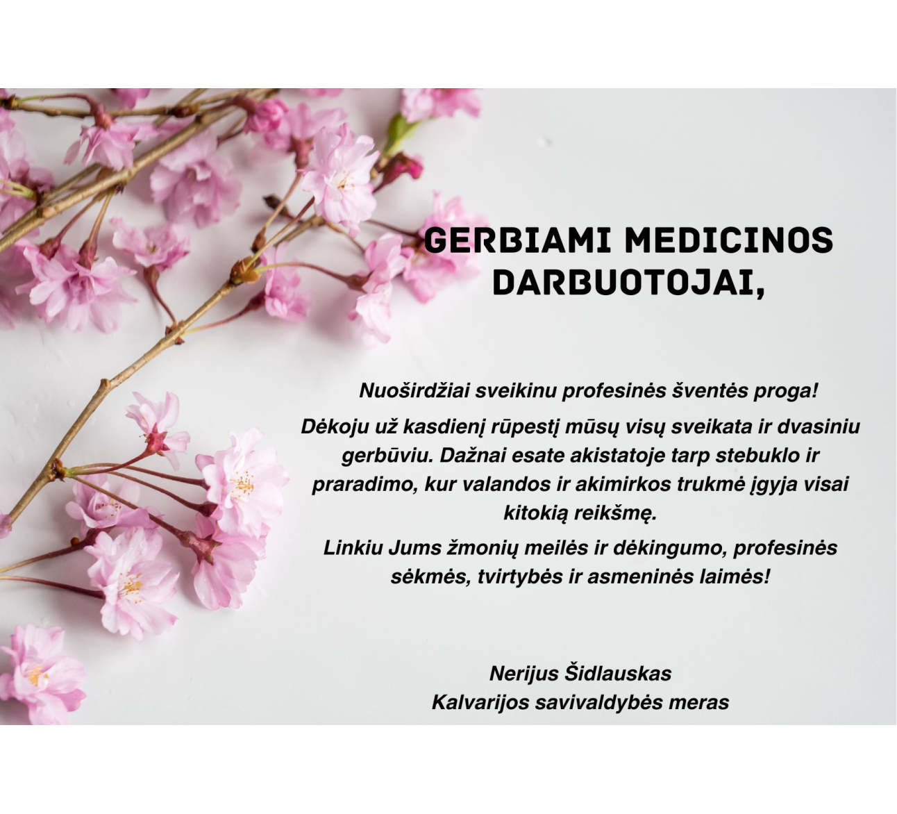 Mero sveikinimas Medicinos darbuotojų dienos proga