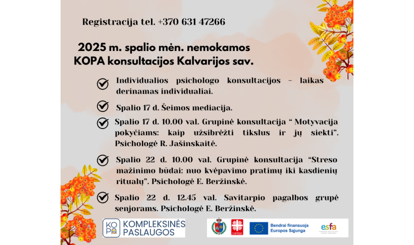 2025 m. spalio mėn. nemokamos KOPA konsultacijos Kalvarijos sav.