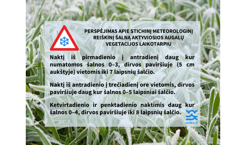 Perspėjimas apie stichinį meteorologinį reiškinį – šalną aktyviosios augalų vegetacijos laikotarpiu