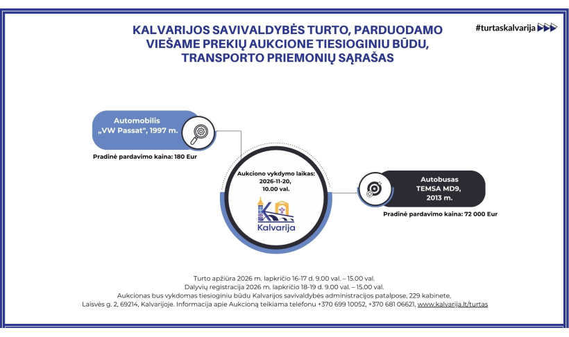 Kalvarijos savivaldybės turto (transporto priemonių) pardavimas viešame prekių aukcione tiesioginiu būdu