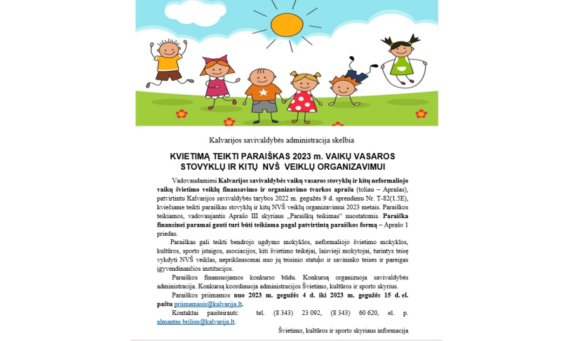 KVIETIMAS TEIKTI PARAIŠKAS 2023 m. VAIKŲ VASAROS STOVYKLŲ IR KITŲ  NVŠ  VEIKLŲ ORGANIZAVIMUI