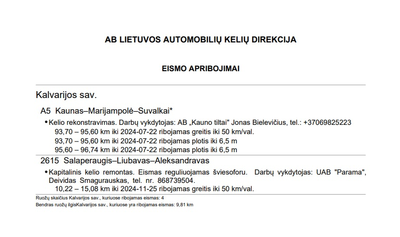 Eismo apribojimai Kalvarijos savivaldybėje