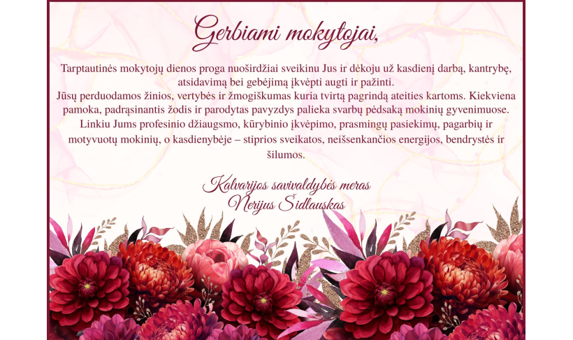 Mero sveikinimas Tarptautinės mokytojų dienos proga