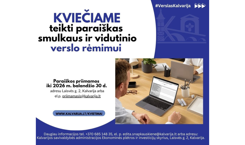 Kalvarijos savivaldybės smulkaus ir vidutinio verslo rėmimui jau galima teikti paraiškas