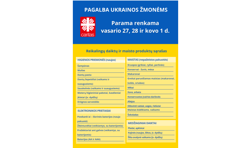 Startuoja 5-oji Caritas paramos Ukrainai akcija: 3 dienas 30 savivaldybių rinks daiktus ir maistą 