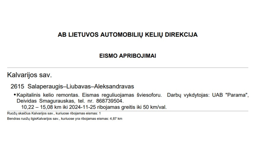 Eismo apribojimai Kalvarijos savivaldybėje