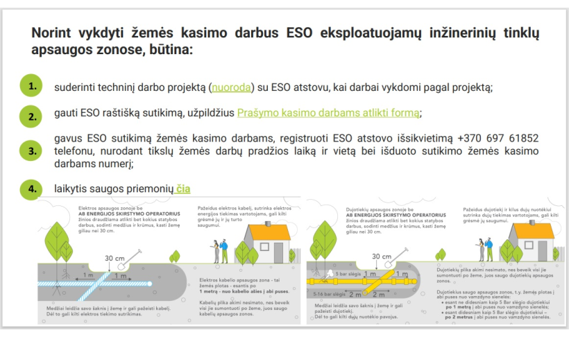 Informacija, kaip saugiai vykdyti žemės kasimo darbus ESO tinklų apsaugos zonose