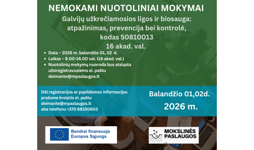 Kviečiame į nemokamus nuotolinius mokymus: „Galvijų užkrečiamosios ligos ir biosauga: atpažinimas, prevencija bei kontrolė“ 