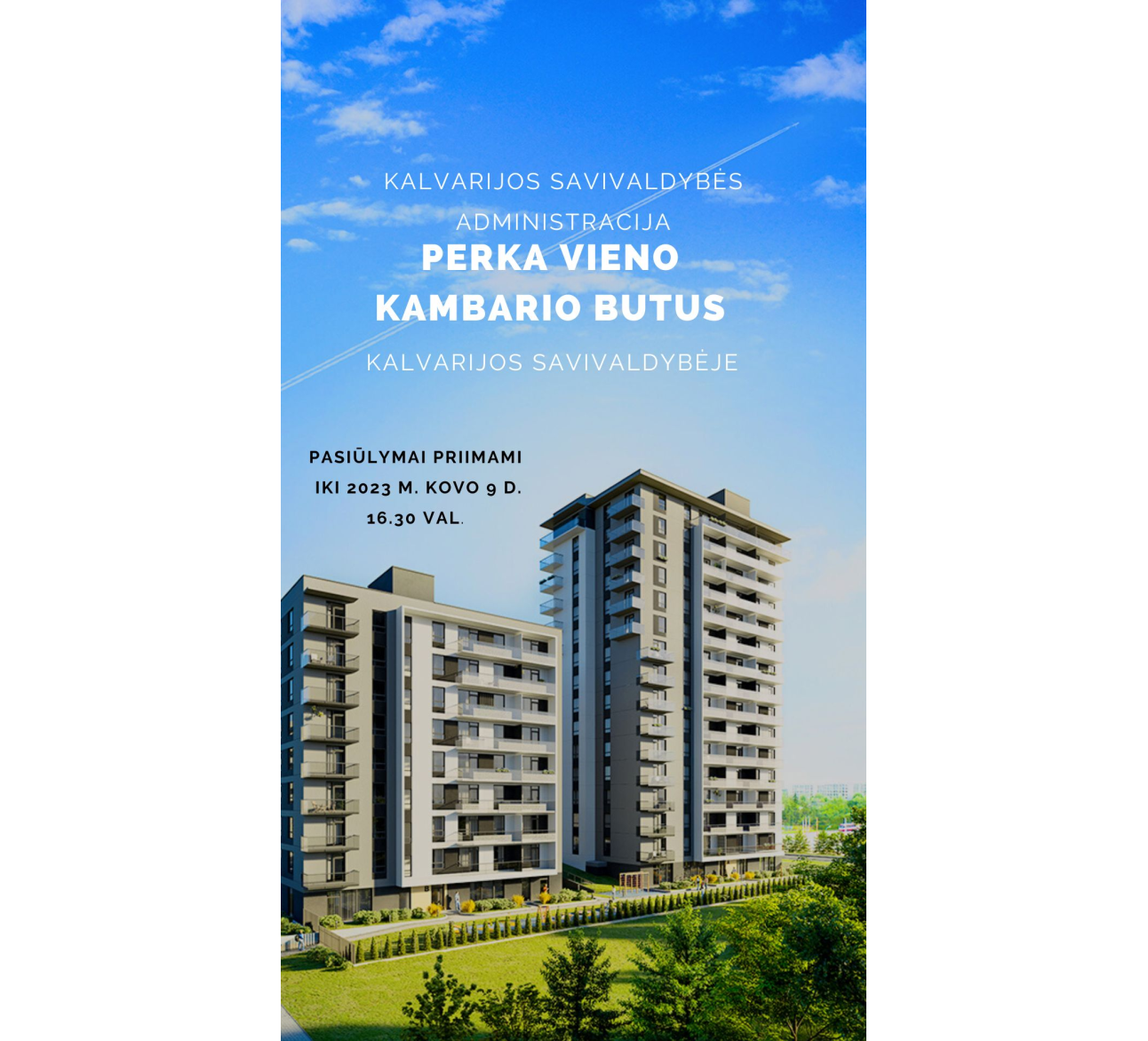 Kalvarijos savivaldybės administracija skelbiamų derybų būdu perka Kalvarijos savivaldybėje vieno kambario butus