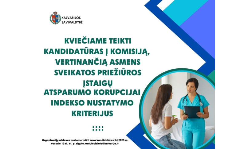 Kviečiame teikti kandidatūras į komisiją, vertinančią asmens sveikatos priežiūros įstaigų atsparumo korupcijai indekso nustatymo kriterijus
