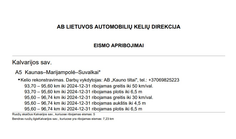 Eismo apribojimai Kalvarijos savivaldybėje