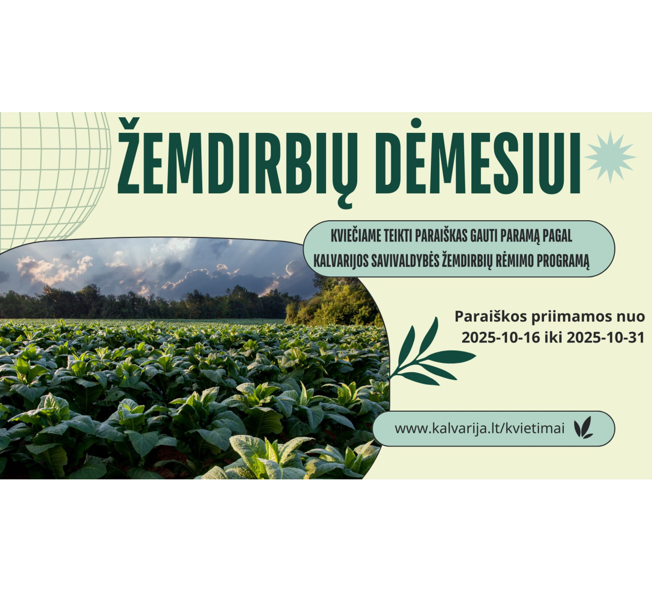 Kviečiame žemdirbius teikti paraiškas gauti paramą pagal Kalvarijos savivaldybės žemdirbių rėmimo programą