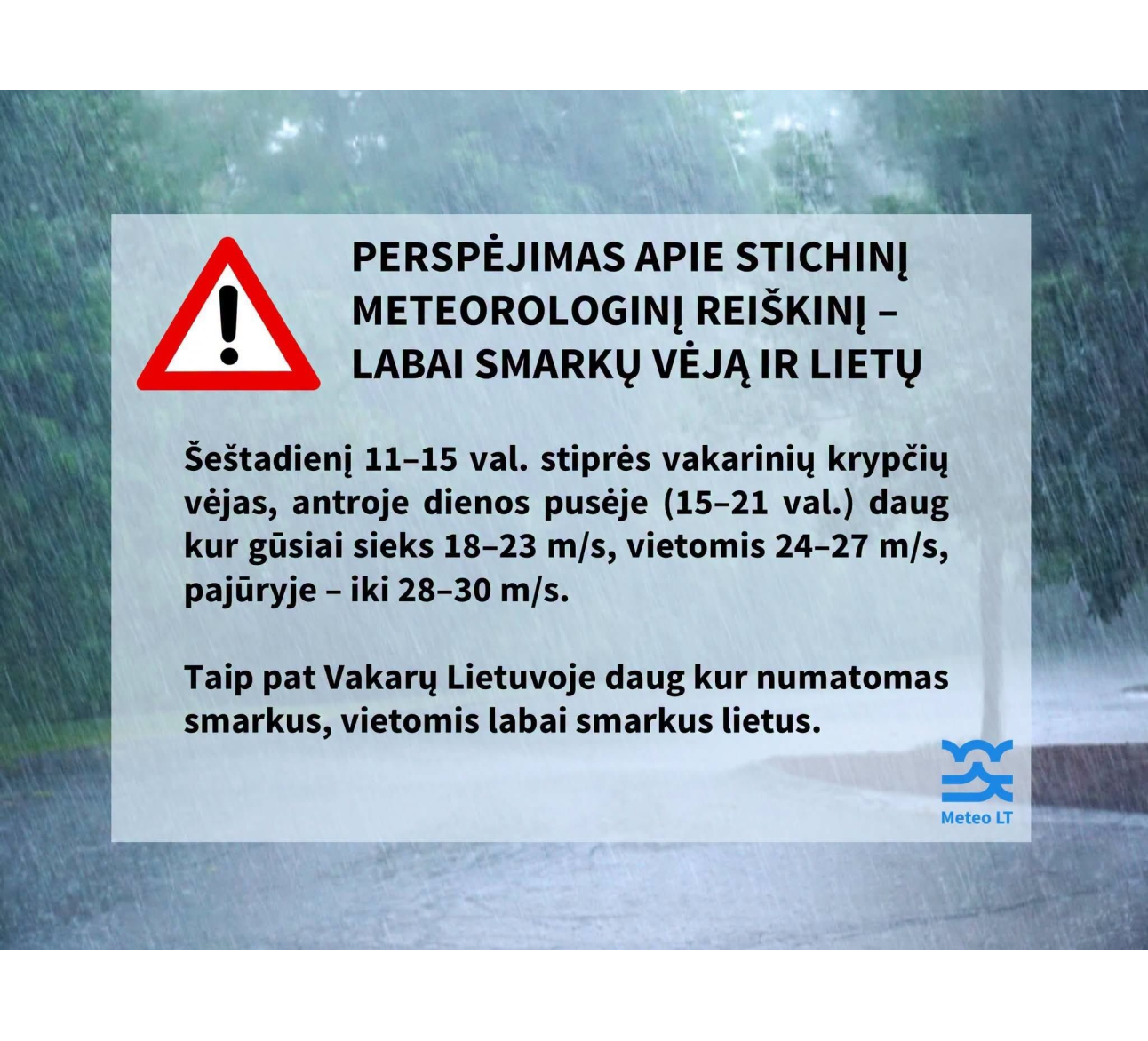 Perspėjimą apie labai stiprų vėją ir lietų šeštadienį