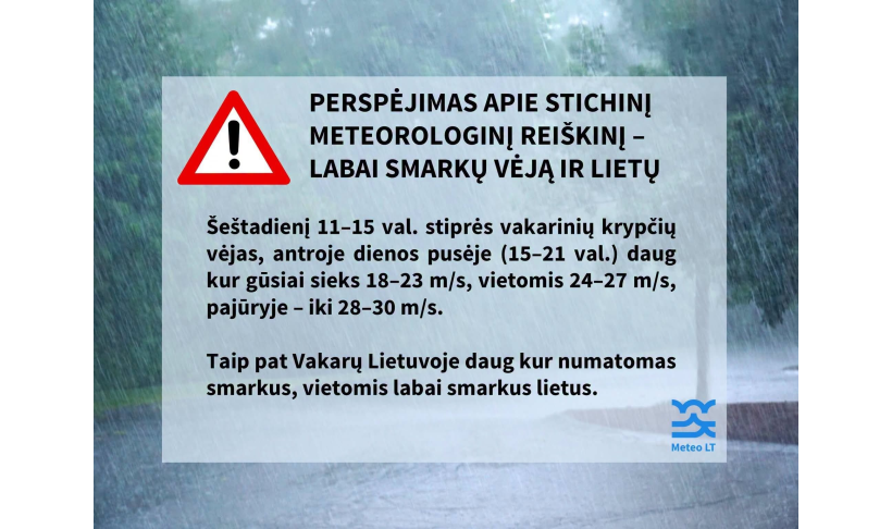 Perspėjimą apie labai stiprų vėją ir lietų šeštadienį