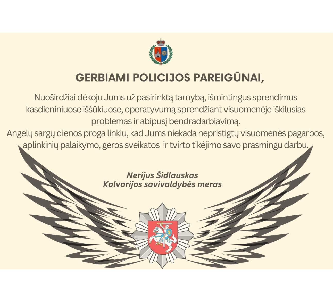 Mero sveikinimas Angelų sargų dienos proga