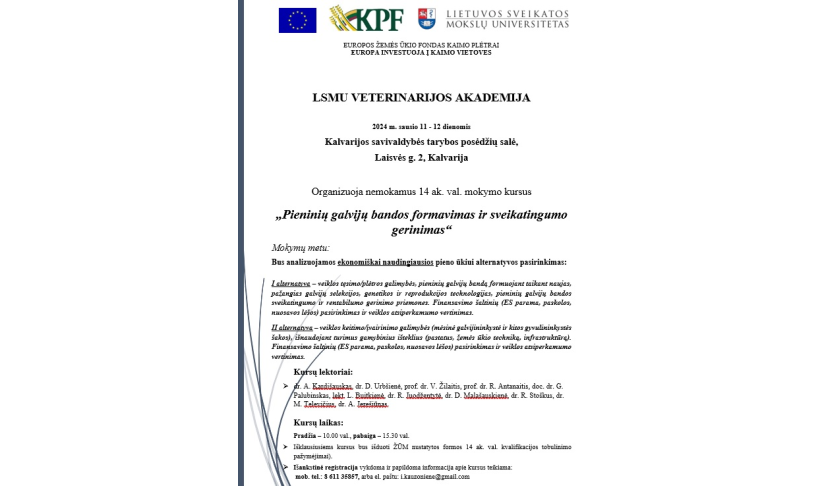 Nemokami kursai „Pieninių galvijų bandos formavimas ir sveikatingumo gerinimas“