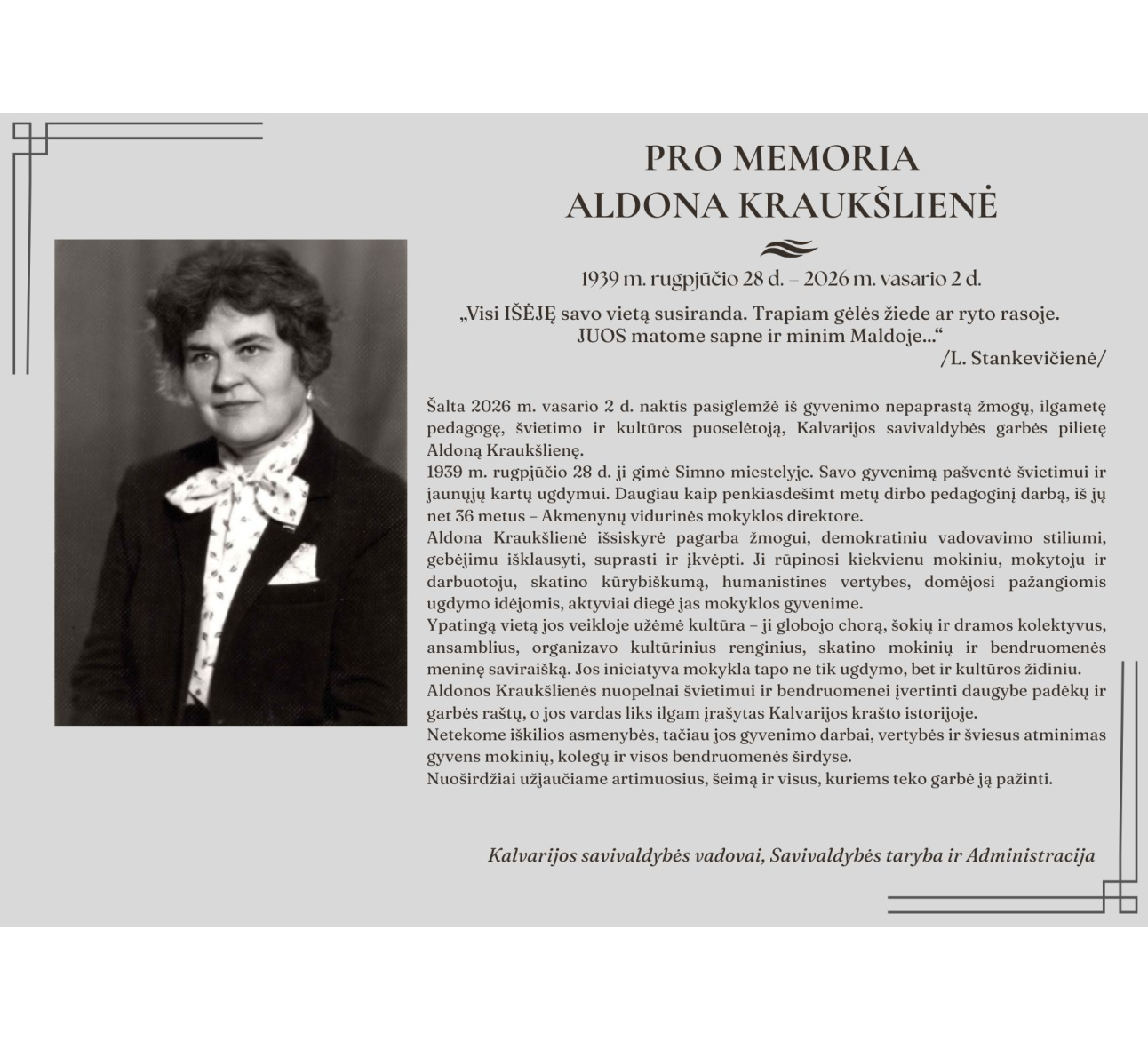 Netekome Kalvarijos savivaldybės garbės pilietės Aldonos Kraukšlienės