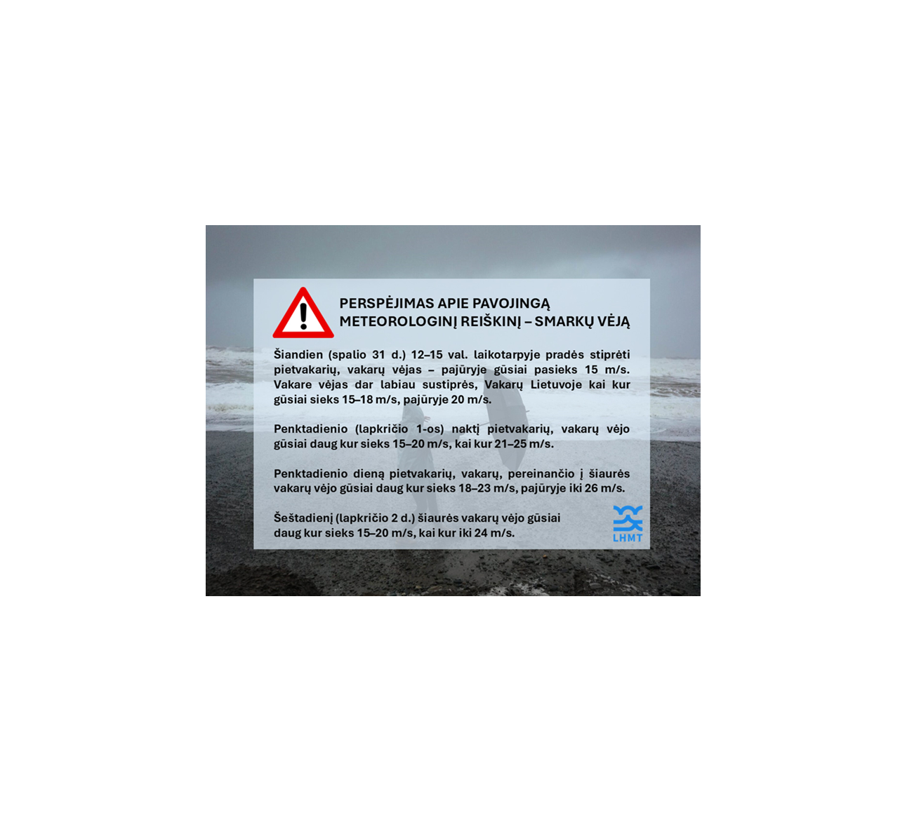 Perspėjimas apie pavojingą meteorologinį reiškinį – smarkų vėją spalio 31 d. – lapkričio 2 d.