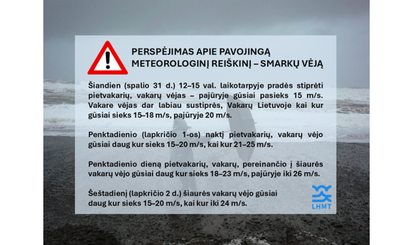 Perspėjimas apie pavojingą meteorologinį reiškinį – smarkų vėją spalio 31 d. – lapkričio 2 d.