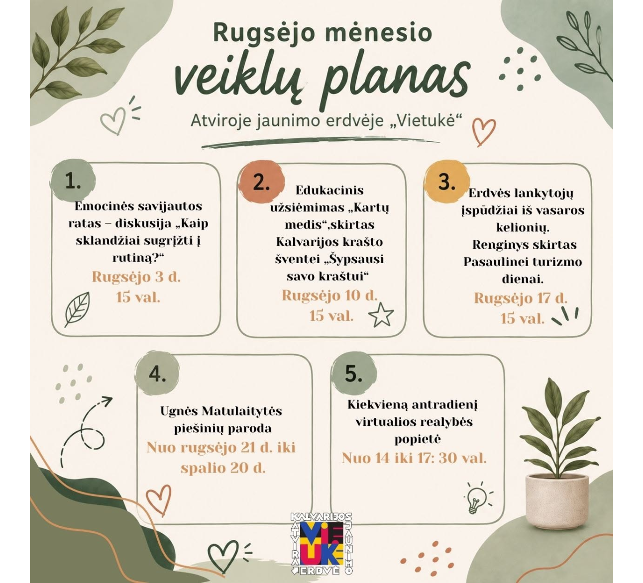 Rugsėjo mėnesio veiklos atviroje jaunimo erdvėje „Vietukė“