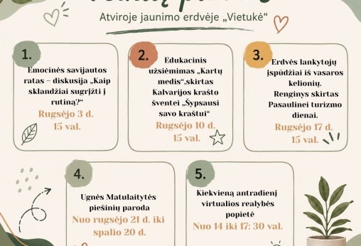 Rugsėjo mėnesio veiklos atviroje jaunimo erdvėje „Vietukė“