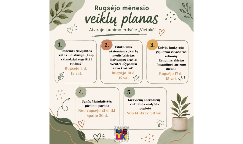 Rugsėjo mėnesio veiklos atviroje jaunimo erdvėje „Vietukė“