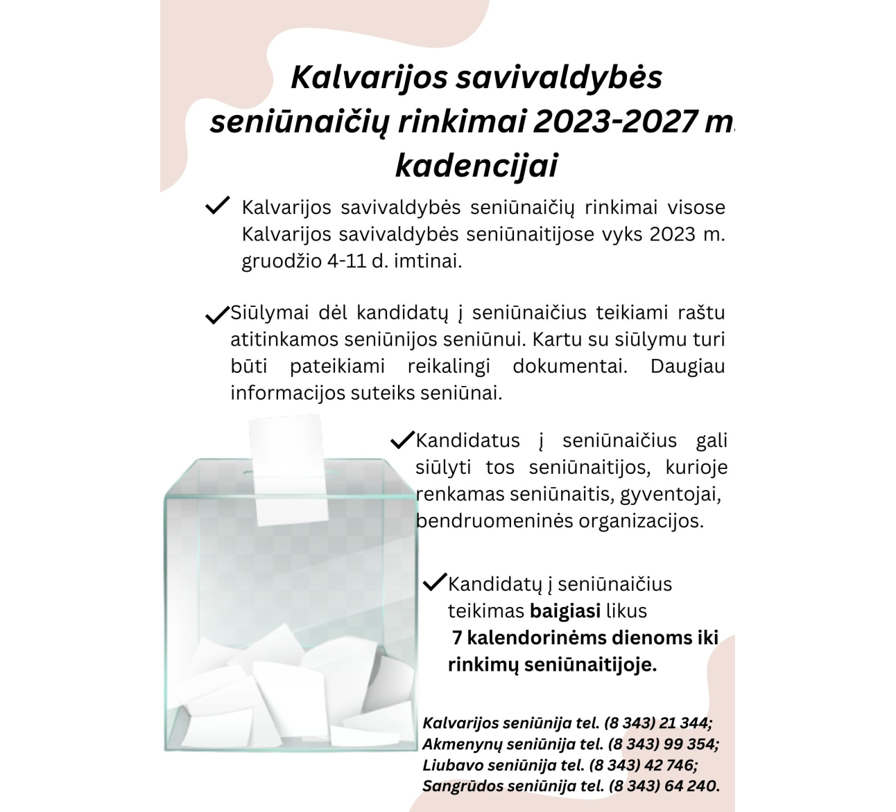 KALVARIJOS SAVIVALDYBĖS SENIŪNAIČIŲ RINKIMŲ GRAFIKAS 2023–2027 METŲ KADENCIJAI