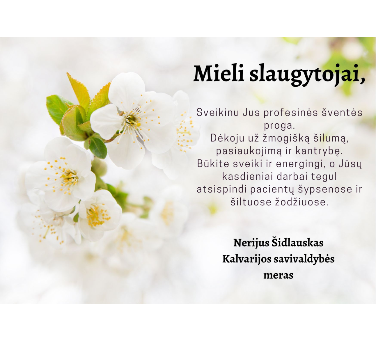 Mero sveikinimas Tarptautinės slaugytojų dienos proga