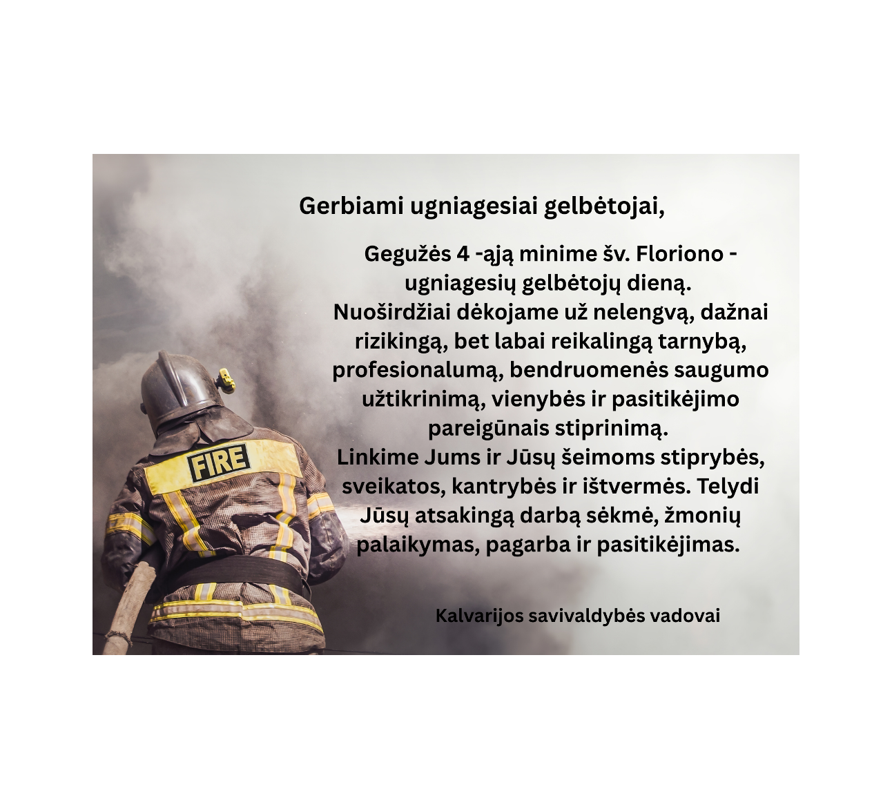 Kalvarijos savivaldybės vadovų sveikinimas ugniagesių gelbėtojų dienos proga