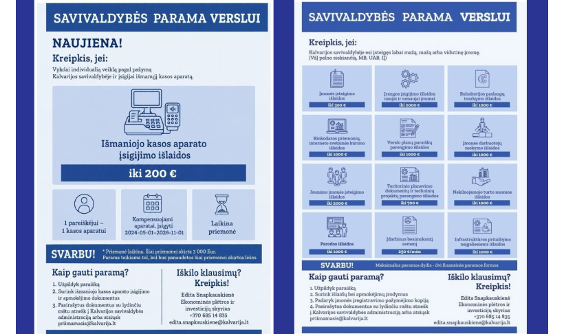 Jau galima teikti paraiškas Kalvarijos savivaldybės smulkaus ir vidutinio verslo rėmimui 
