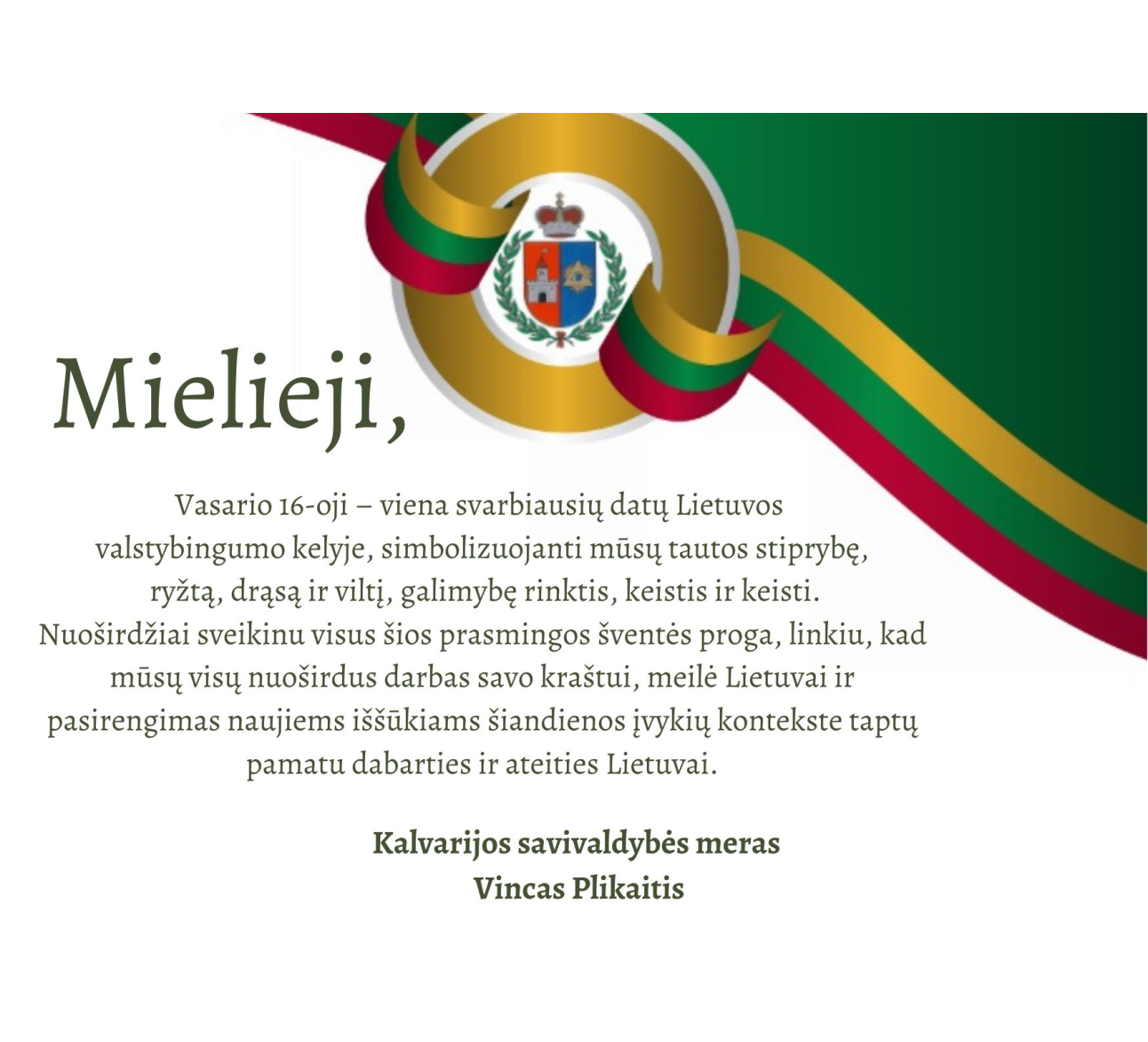 Kalvarijos savivaldybės mero sveikinimas Vasario 16-osios proga