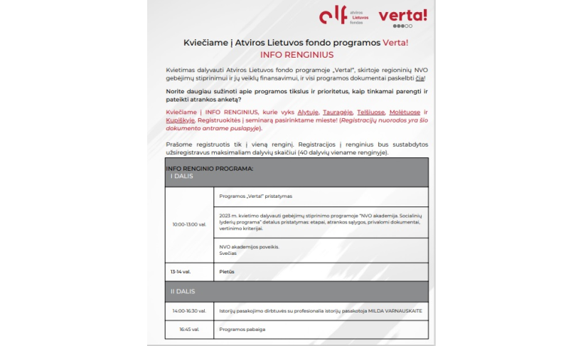 Kvietimas NVO į informacinį renginį "Verta!"