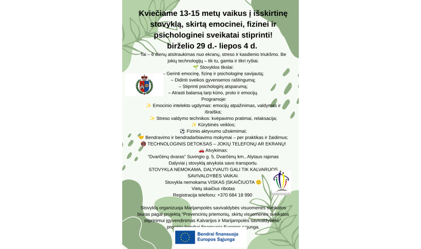 Nemokama stovykla 13-14 metų vaikams