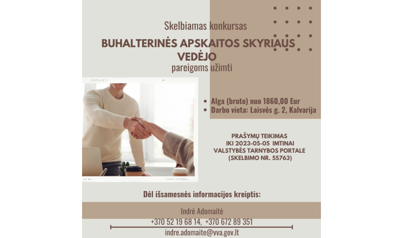 Paskelbtas konkursas buhalterinės apskaitos skyriaus vedėjo pareigoms užimti Kalvarijos savivaldybės administracijoje