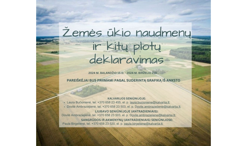 Dėl žemės ūkio naudmenų ir kitų plotų deklaravimo 2024 m. Kalvarijos savivaldybėje