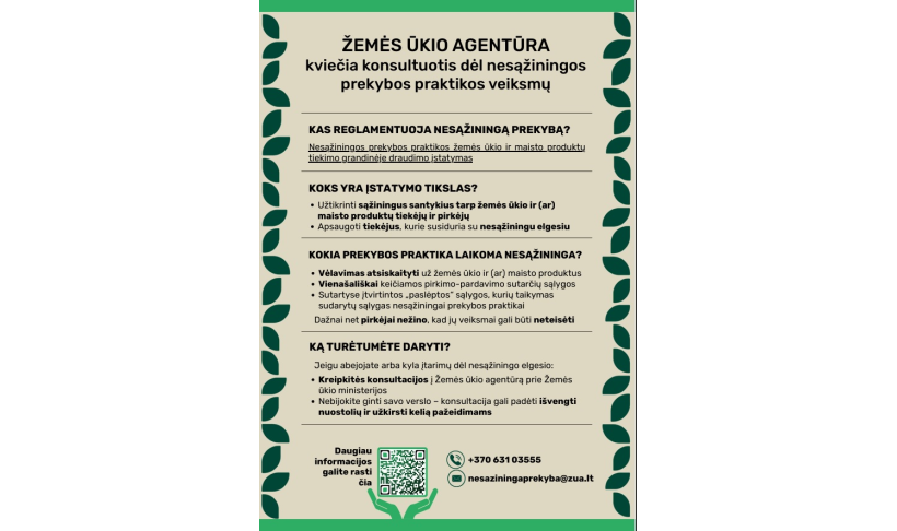 Žemės ūkio agentūra kviečia konsultuotis dėl nesąžiningos prekybos praktikos veiksmų